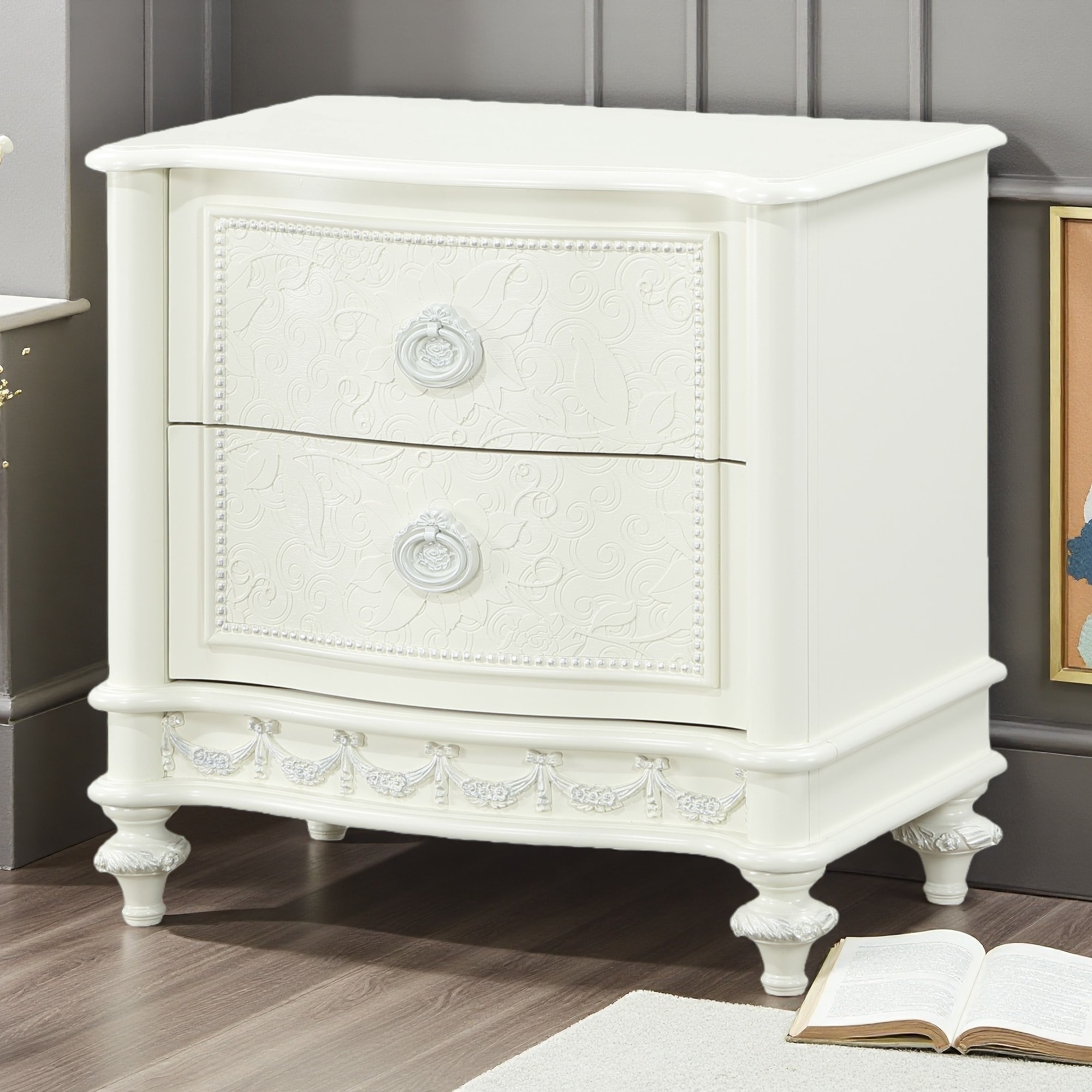 26"L Pine Wood Nightstand with 2 Drawers, Felt-Lined Top Drawer and Metal Glide