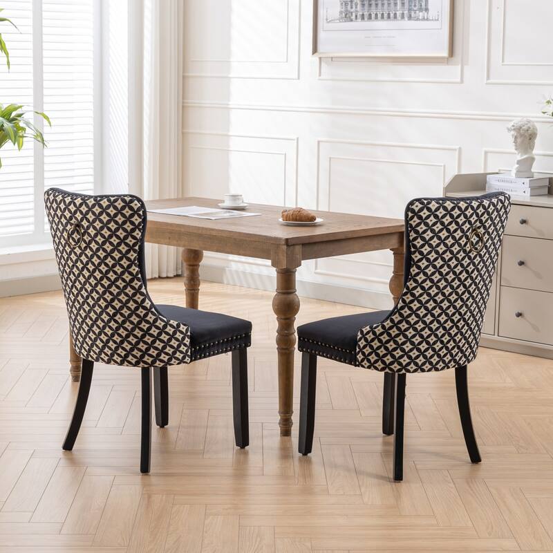 Set of 2 Velvet Upholstered Dining Chairs with Nailhead Trim and Wooden Legs