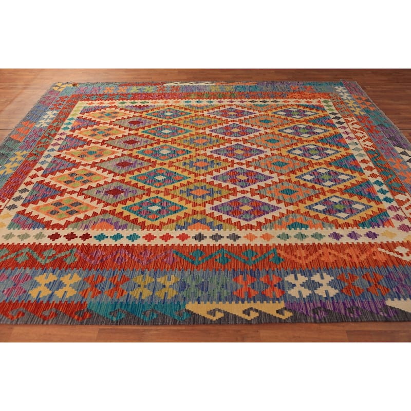 Reversible Kilim Oriental Area Rug Hand-Woven Multi-Color Wool Carpet - 8'5"x 9'8"