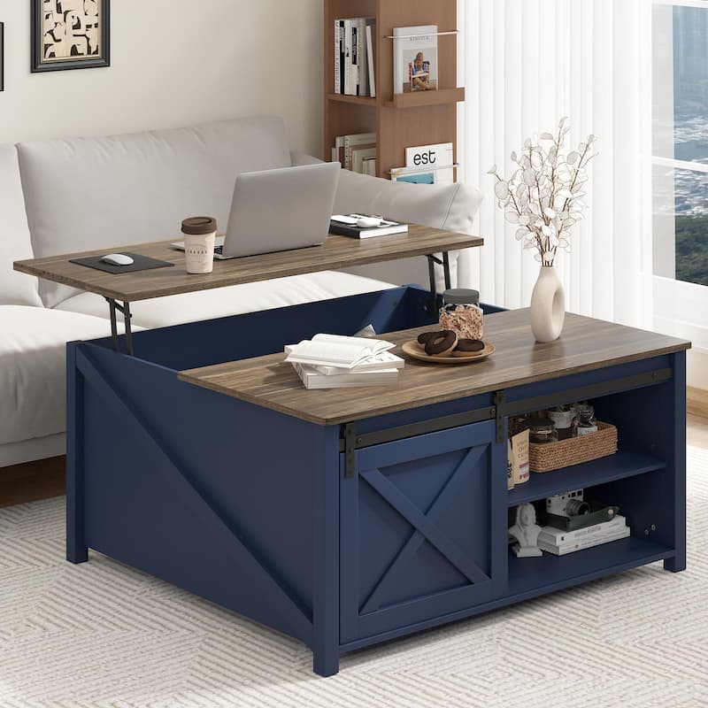 BOSSIN 31.5" Square Farmhouse Lift-Top Coffee Table - Wooden Living Room Center Table with Hidden Storage