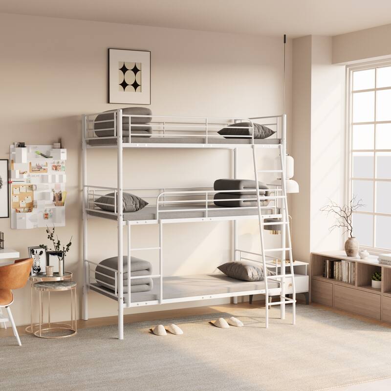 White Twin Size Metal Triple Bunk Bed Frame, Split Into 3 Platform Beds for Bedroom Dormitory - White - Twin