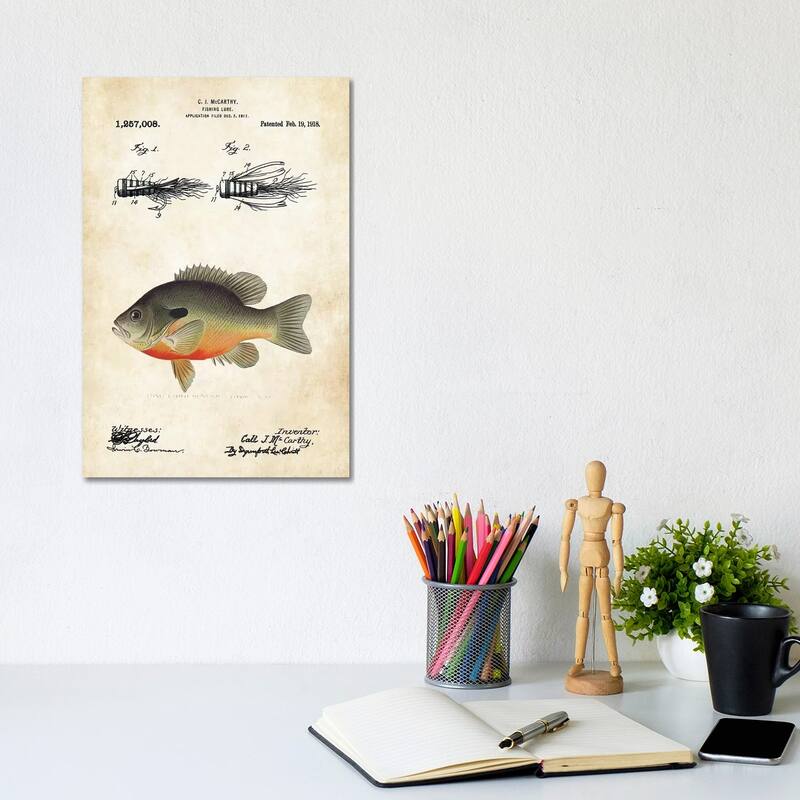 iCanvas "Bluegill Sunfish Fishing Lure" by Patent77 Canvas Print - 12x8x0.75