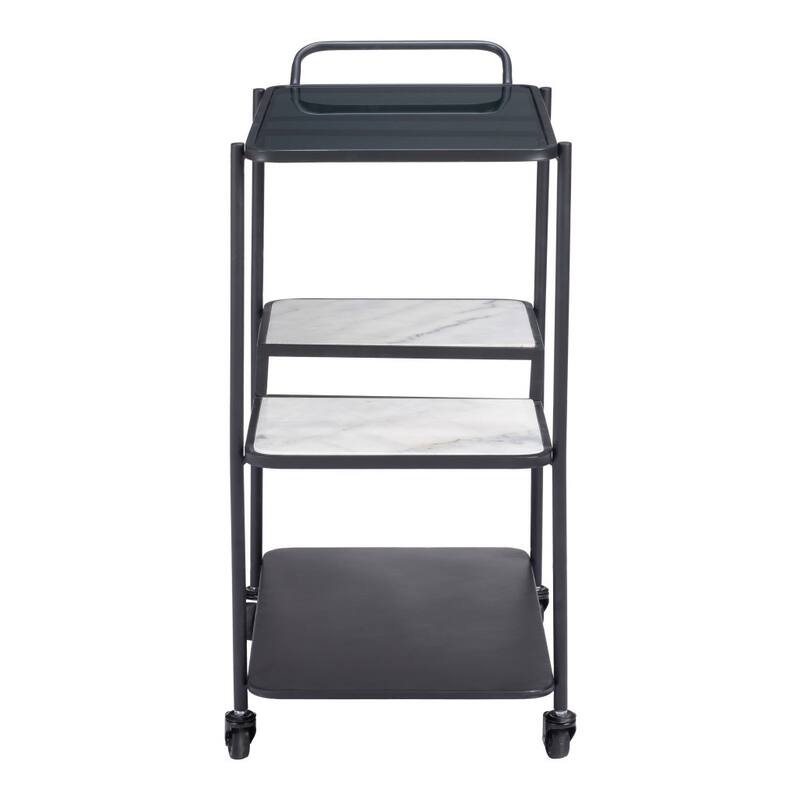HomeRoots 25" Black Steel and Faux Marble Glass Rolling Bar Cart - 25.00 in. x 32.30 in. x 16.00 in.