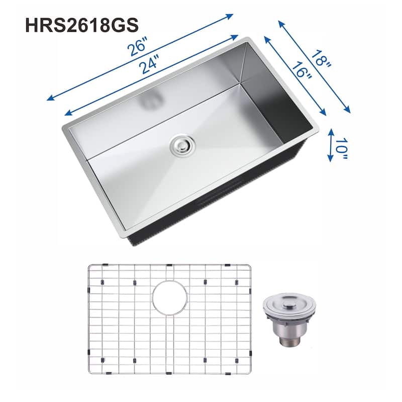 Topcraft Undermount Stainless Steel Sink Kitchen with Drain and Grid - 26*18