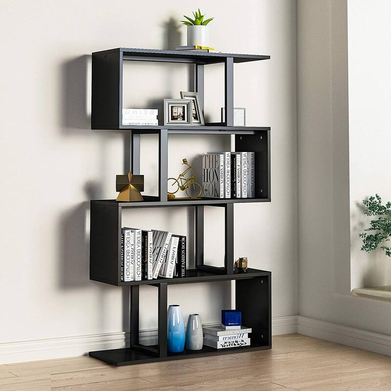 Hermoth Wood 5 Tiers Bookshelf S-Shaped Z-Shelf Style Bookcase Storage Display