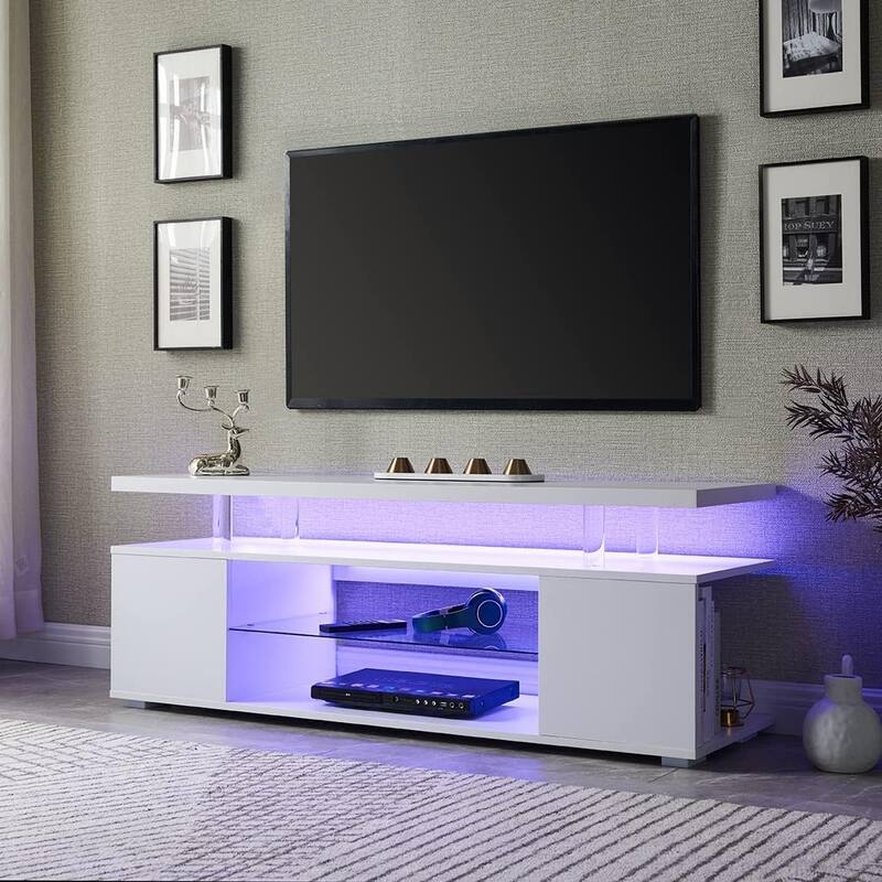 Modern LED TV Stand, Gaming Entertainment Center Media, for 60 Inch TV Table with Side Cabinet, for Living Room, White