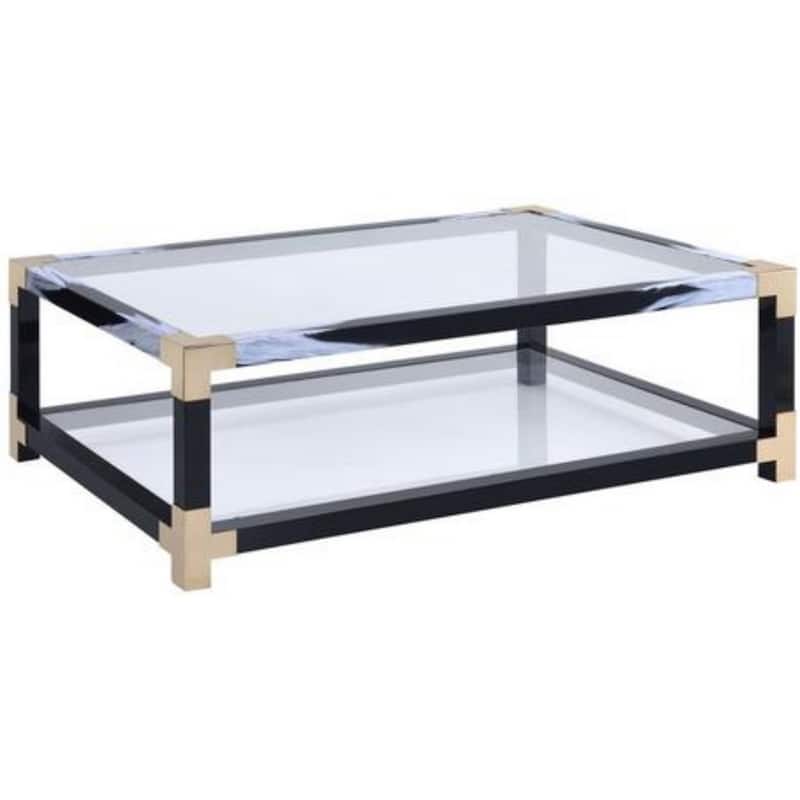 Rectangular Metal Coffee Table with Glass Top and Shelf, Black