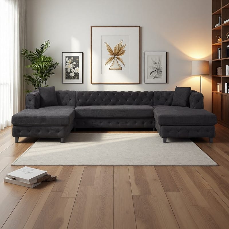 126" Chenille U-Shaped Sectional Sofa with Dual Chaise Lounges and 2 Pillows - Black