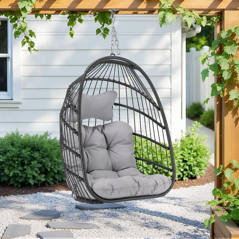Outdoor Indoor Wicker Foldable Hanging Egg Chair Without Stand, Patio Swing Chair with Cushion, 350 lb Capacity