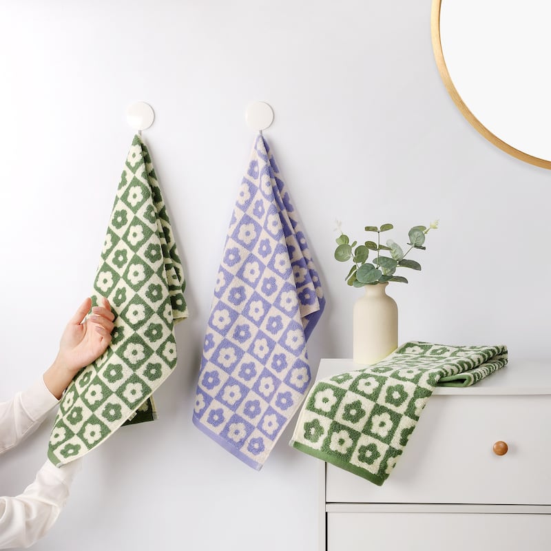 Checkered Floral Hand Towels, Cotton Soft Absorbent Decorative Bathroom Towel for Hand Drying and Face Washing - Green - 4 Pack