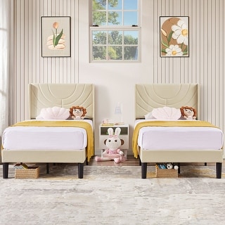 Kids Bed Frame, Height Adjustable Upholstered Bed, Twin Size Bed Set of 2