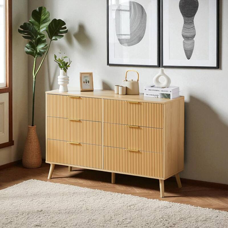 Natural 6 Drawer Dresser, Wooden Double Chest with Wavy Front Design, Storage Cabinet for Bedroom, Hallway, Entryway