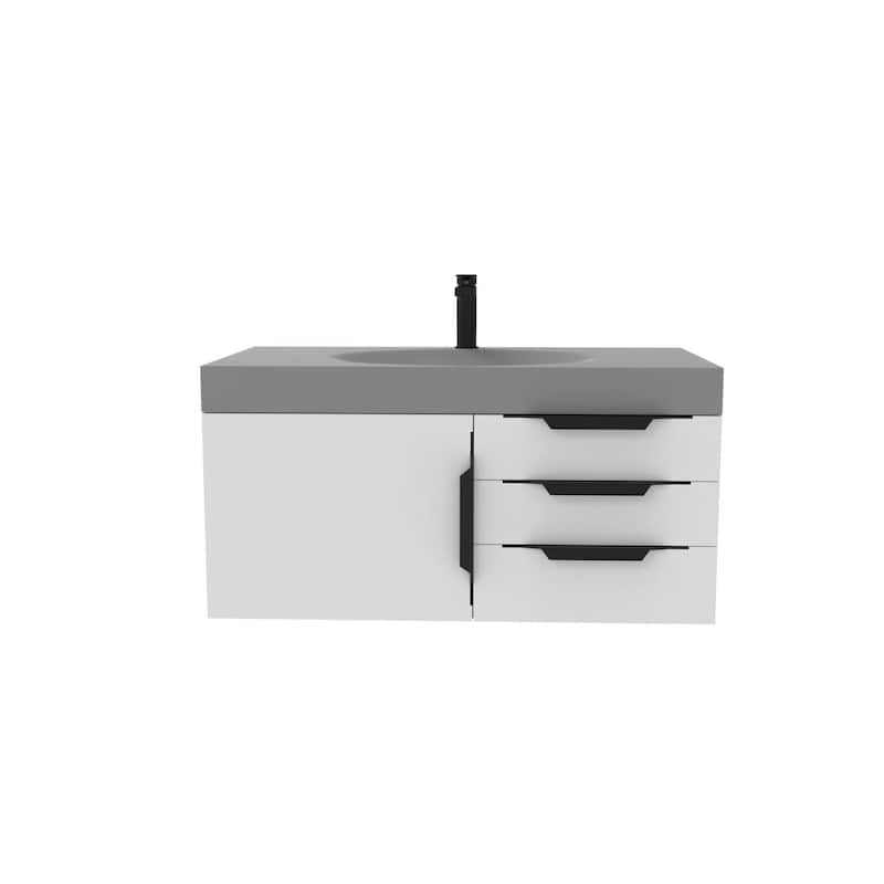 Thames 36" Shallow Basin Wall Mounted Bathroom Vanity Set w/ Gray Top - White - Matte
