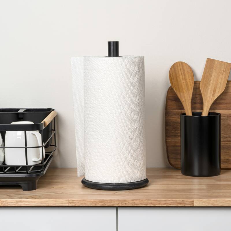 happimess, Avery Metal with Non Slip Weighted Marble Base Paper Towel Holder - Black/Black Marble