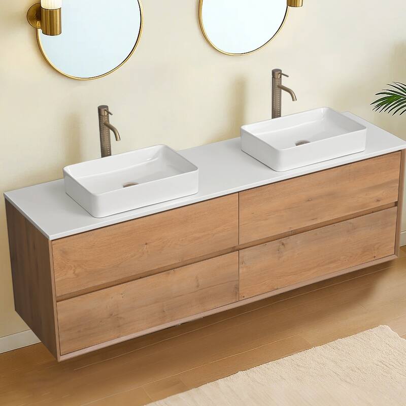 72" Floating Bathroom Vanity Quartz Counter Top with Double Ceramic Vessel Sink - Square Sink