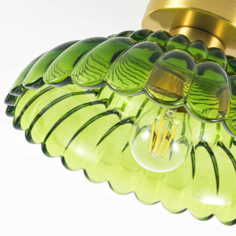 1-Light Vintage Brass Finish Metal Semi-Flush Mount Ceiling Light with Amber/Green/Grey/Clear Glass Shade for Kitchen, Hallway