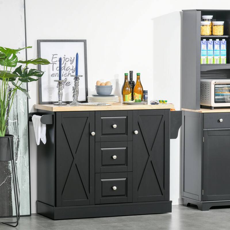 HOMCOM Farmhouse Mobile Kitchen Island Utility Cart with Barn Door Style Cabinets, Drawers and Wheels- Black - 49.5*18*36