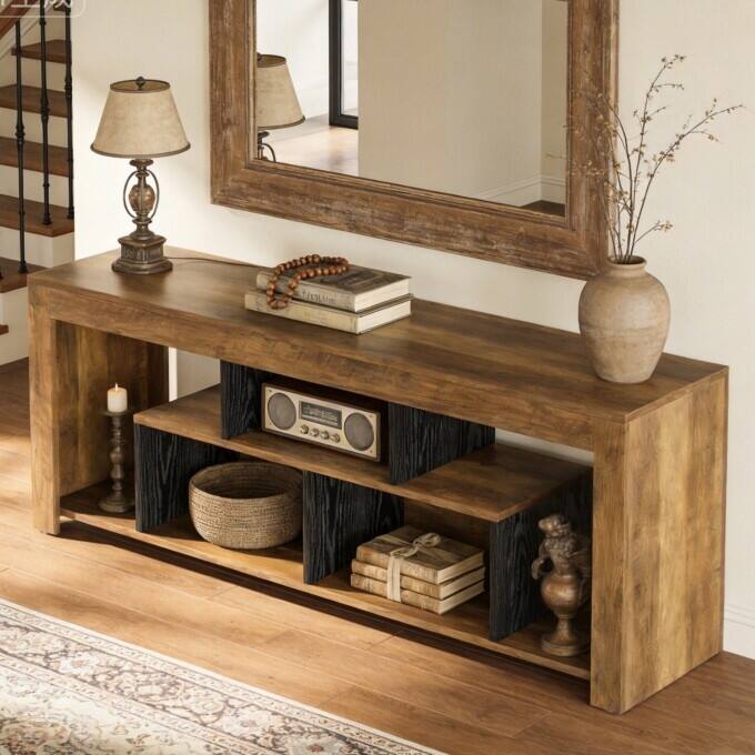 63" Console Table with Storage Shelf, Rustic Wooden Entryway Table