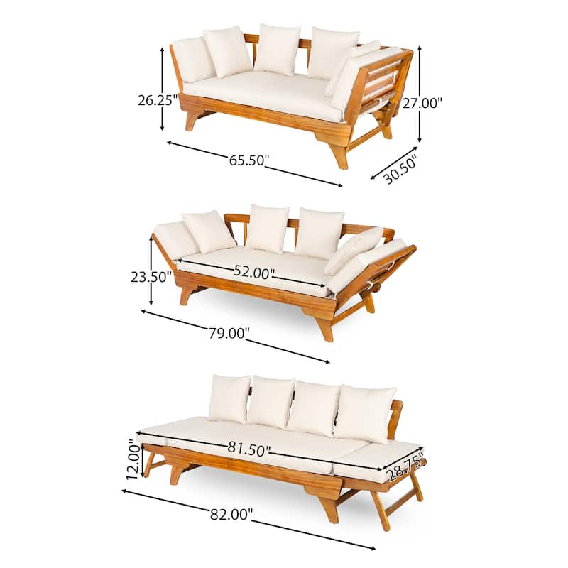 Luxury Outdoor Lounge Daybed - Triple-Seater with Convertible Armrests & 4 Decorative Pillows, Premium Teak-Acacia Construction‌