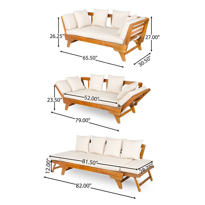 Roomfitters Outdoor Patio Daybed Sofa with Foldable Armrests, 3-Seat Acacia Wood Frame, Removable Beige Cushions