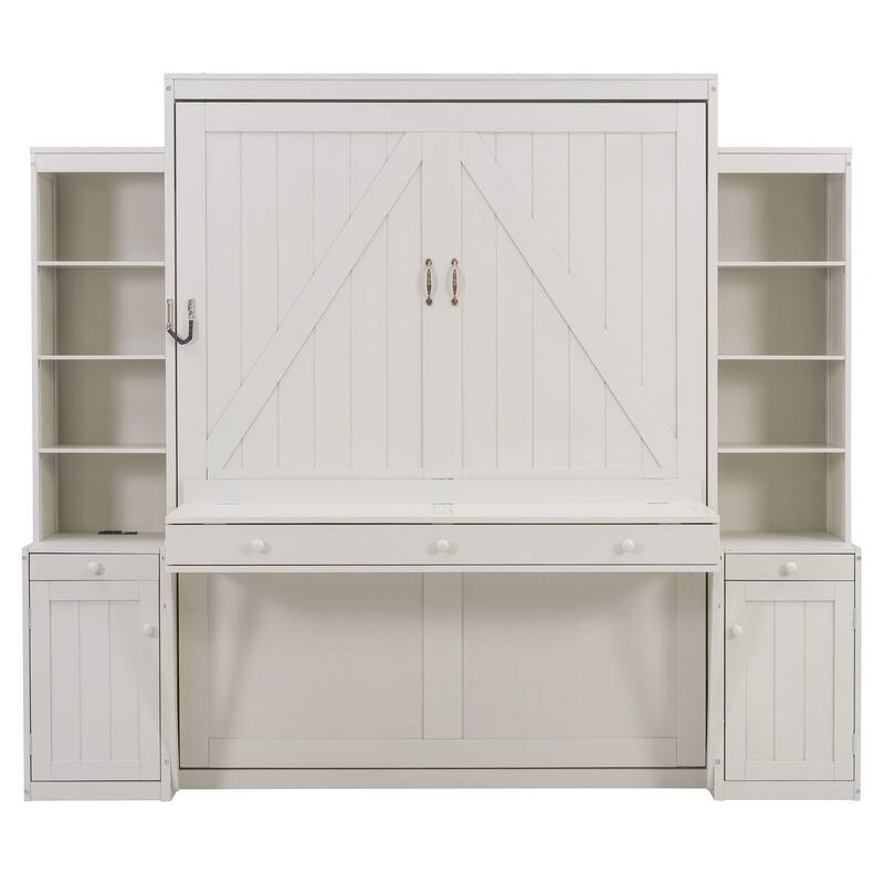 Queen Murphy Bed with Desk & Storage, Space-Saving Wall Bed with Cabinets