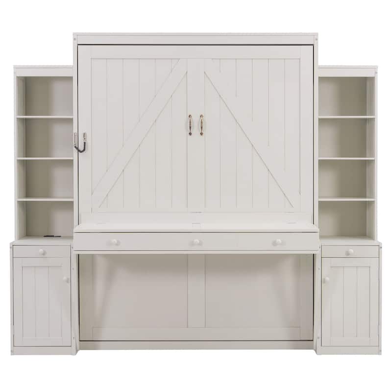 Queen Size Murphy Bed Heavy-Duty Murphy Bed Cabinet Bed with Desk Drawers open shelving Units Power Outlet and Side Cabinets