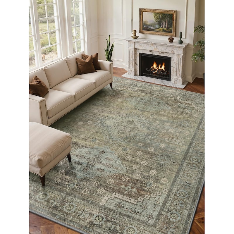 Mcow Sage Green Boho Pattern Ultra-Thin Low-Pile Washable Non-Slip Area Rug - 9' x 12' - Sage Green - Rectangle