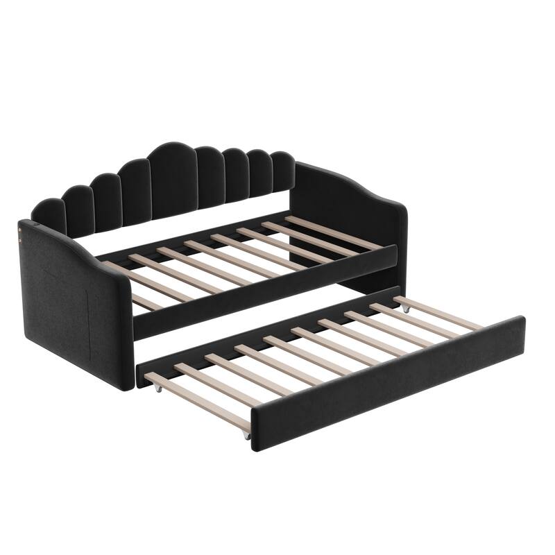 Twin size Velvet Daybed Wingback Daybed for Apartment with Retractable Trundle & USB Charging Ports, Wood Slat Support