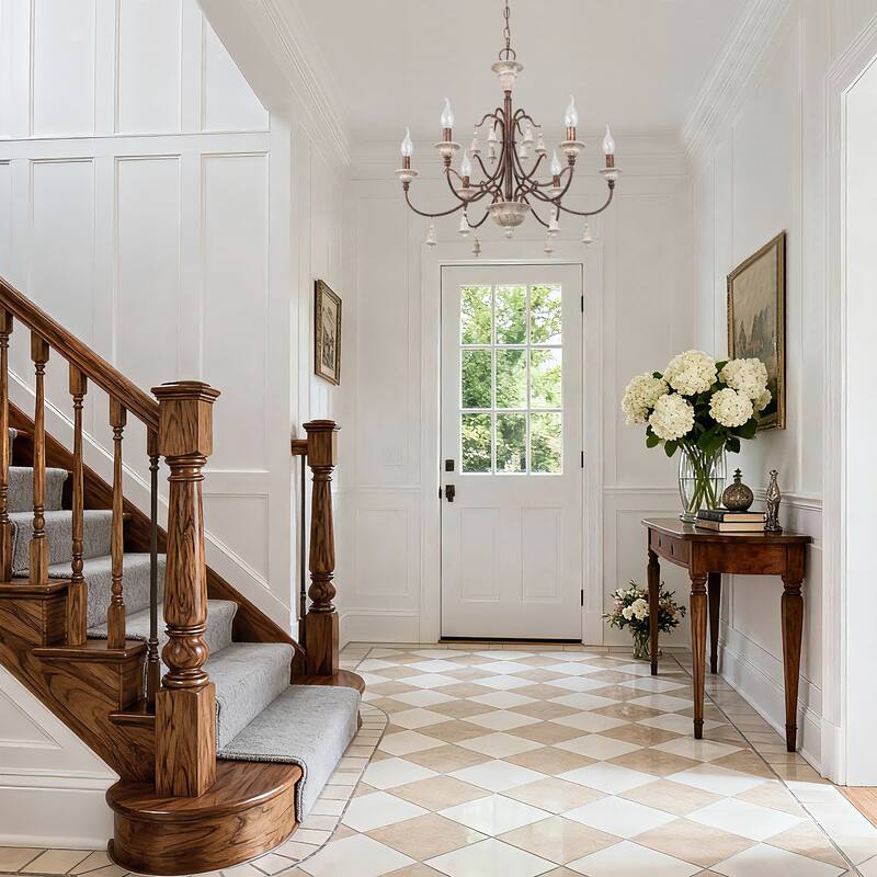 Farmhouse 6-Light Wood Chandelier French Country Candle Ceiling Light for Dining Room - D 26.5" x H 22.5"