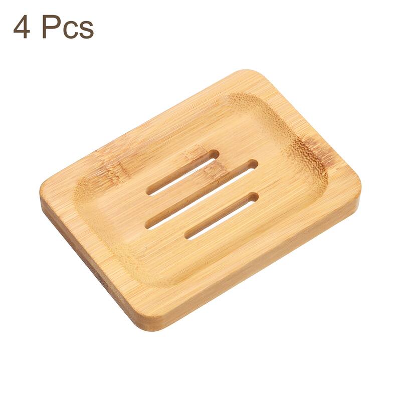Wooden Soap Dish, Natural Bamboo Soap Tray Self Draining Soap Holder Saver - Wood Color - 4Pcs