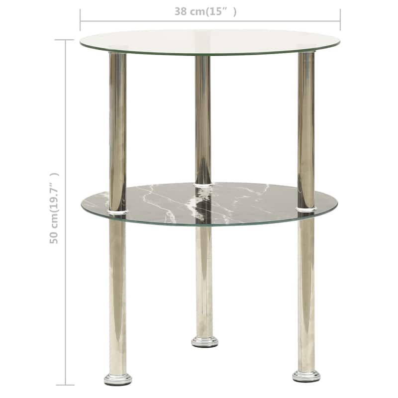 vidaXL 2-Tier Side Table Transparent & Black Marble 15" Tempered Glass - 15" x 19.7"