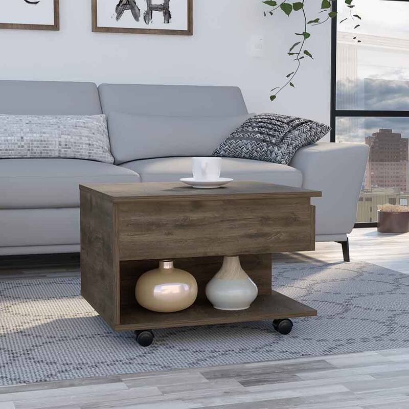 Luanda Lift Top Coffee Table, Casters, One Shelf -Dark Brown - Brown