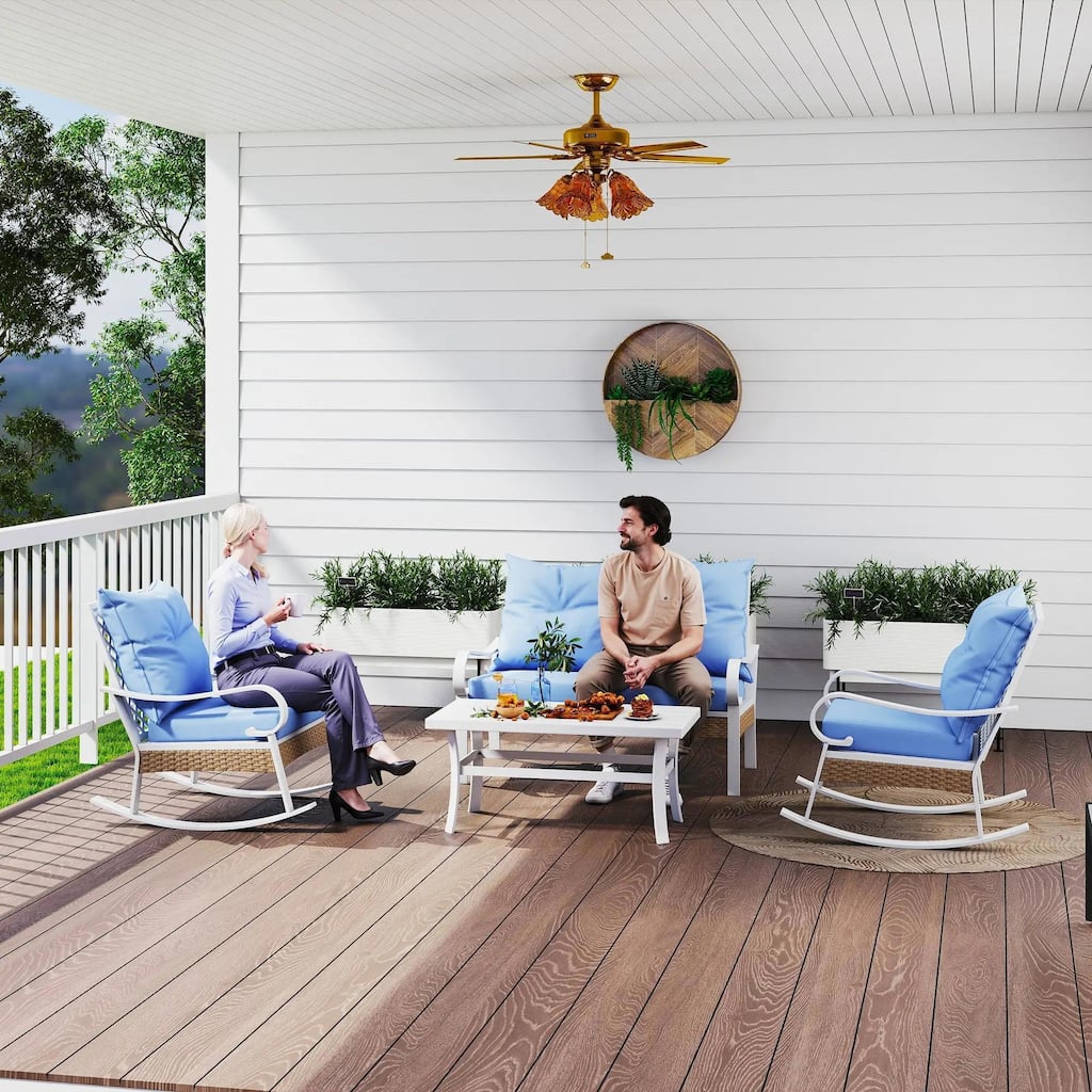 4PCS Patio Furniture Set with Rocking Chairs, Loveseat, Coffee Table