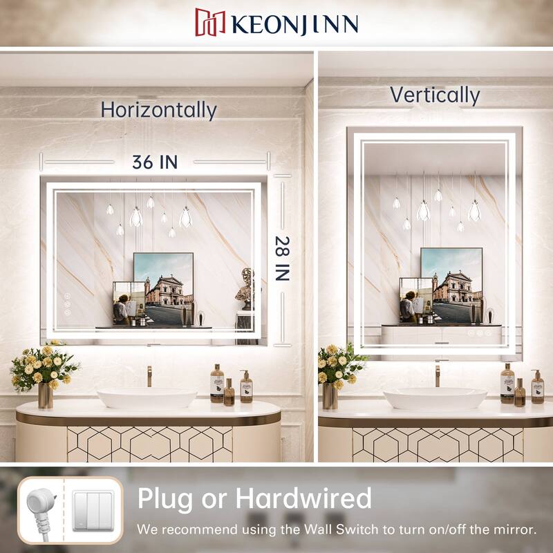 Keonjinn LED Front Light and Backlit Bathroom Vanity Wall Mirror, 3 Color Temperatures, Anti-fog