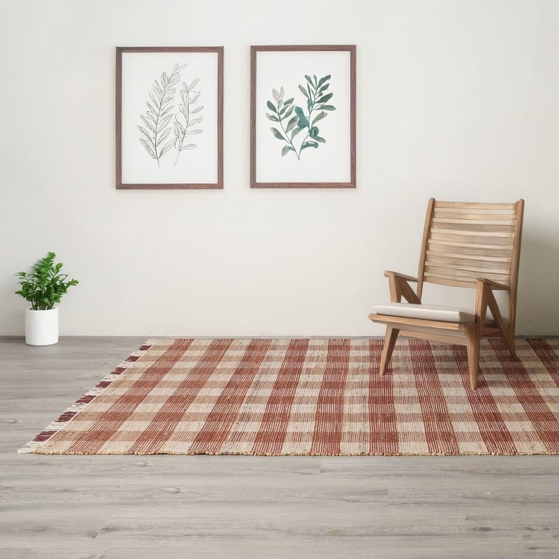 Artisan Hand Woven Jute & Cotton Brown Plaid Rug-5X7 ft - 6' x 7'