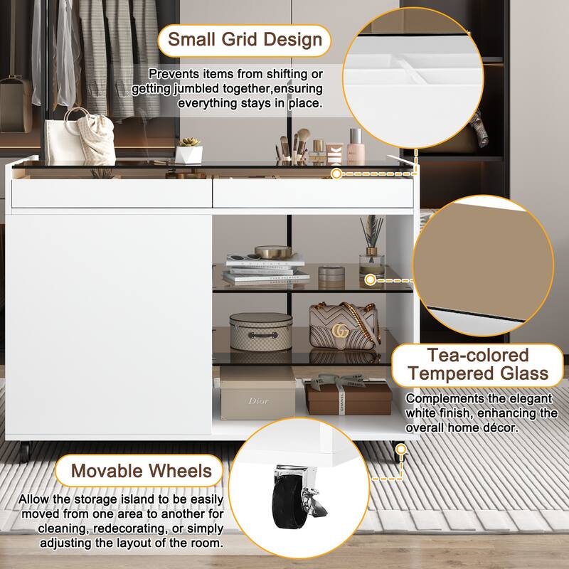 Roomfitters Multi-Functional Storage Island Vanity Console with Glass Display Shelves and Reversible Top, White