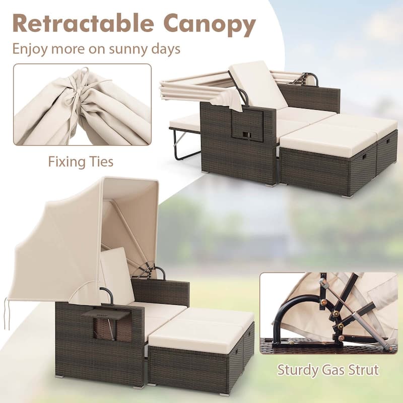Gymax Rattan Daybed w/ Adjustable Backrests & Retractable Canopy for