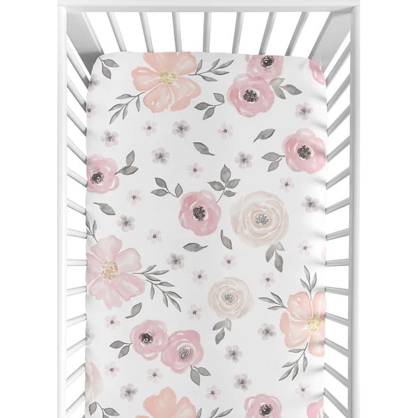 slide 2 of 6, Watercolor Floral Collection Girl Cotton Fitted Crib Sheet - Blush Pink, Grey and White Boho Shabby Chic Rose Flower 100% Cotton
