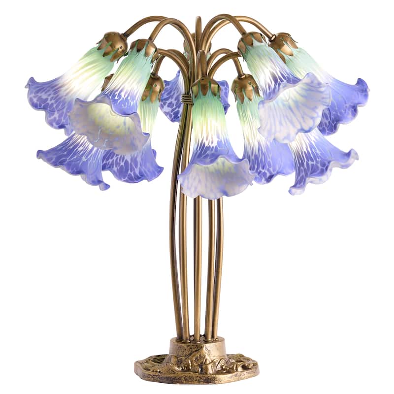 21.5-inch Antique Brass and Hand Blown Glass 10 Lily Downlight Table Lamp - 20.25" x 20.25" x 21.5" - 20.25" x 20.25" x 21.5" - Purple/Teal/Brass