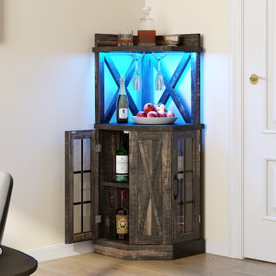 Moasis Industrial Corner Bar Cabinet with LED Lights and Glass Holder