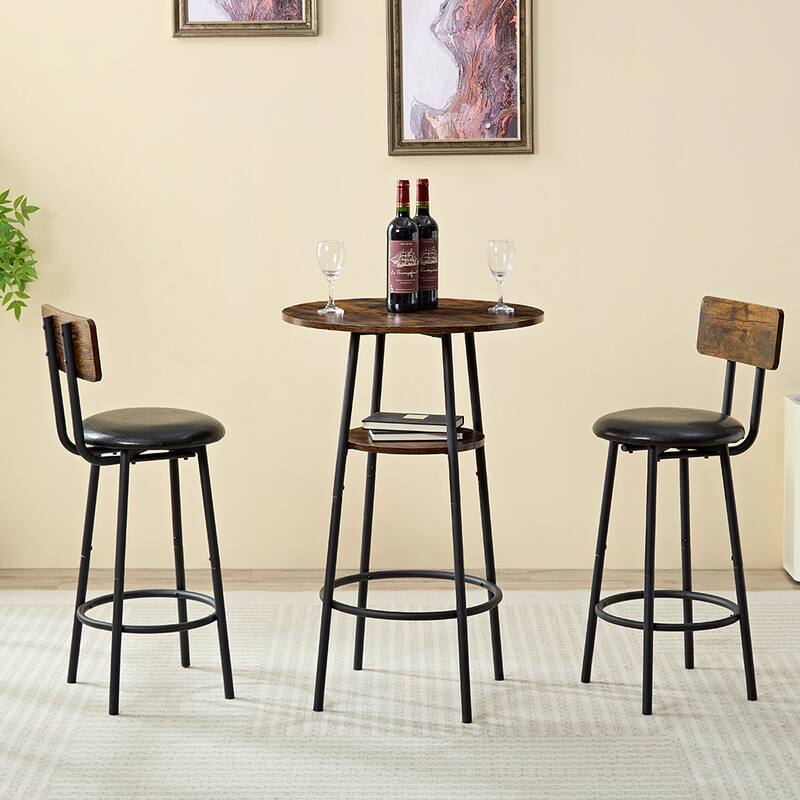 3-Piece Round Dining Table Set, Bar Table with 2 PU Bar Chairs