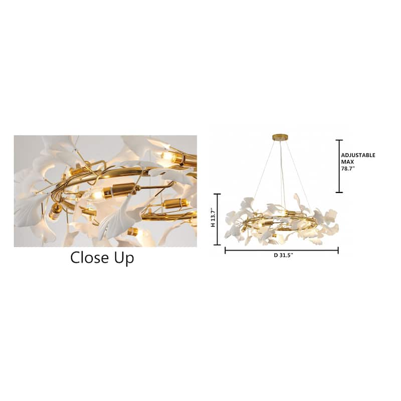 10 Light Round Brass Frame Chandelier with White Acrylic Leaf Accents