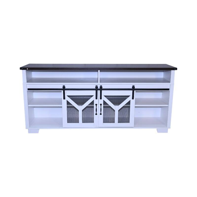 Country Style TV Stand LED TV Stand with Lron Mesh Barn Door and Y Decorative Strip, for Living Rooms, White+Walnut