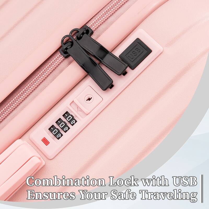 20"/24"/28" 3 pcs/set in ABS 360° Spinner Wheel Luggage, Carry on Suitcase, with Cup Holder & USB Port - Pink