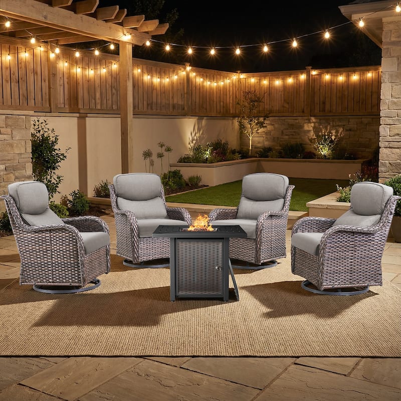 Pocassy 30 In Outdoor Fire Pits with Patio Swivel Glider Chari Set. - Brown Wicker Gray Cushion - 5-Piece Swivel Chair w/ Fie Pit Table
