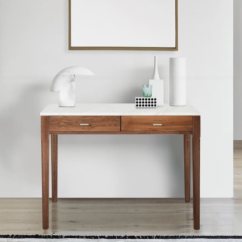 Meno 36" Rectangular Italian Carrara White Marble Console Table with Legs