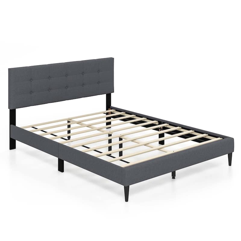 Costway Queen Upholstered Platform Bed Mattress Foundation Button - Grey