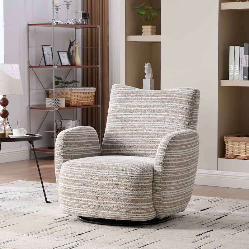 HOMEFUN Boucle Upholstered 360° Swivel Fabric Striped Armrest Leisure Chair for Living room and Bedroom - Khaki