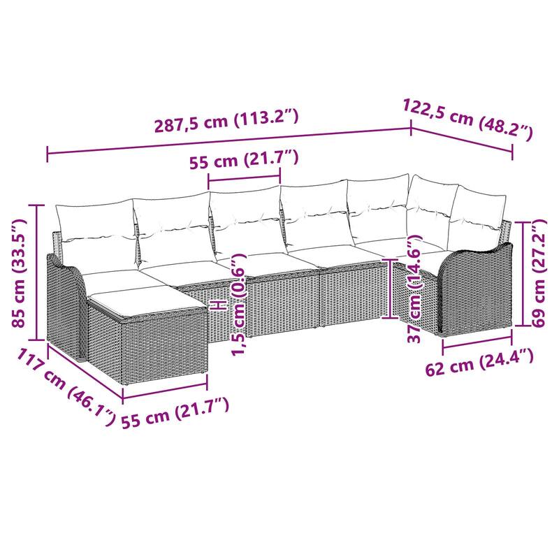 vidaXL 7/8 Garden Sofa Set with Cushions Black/Brown/Grey Wicker - 113.2 x 48.2 x 27.2