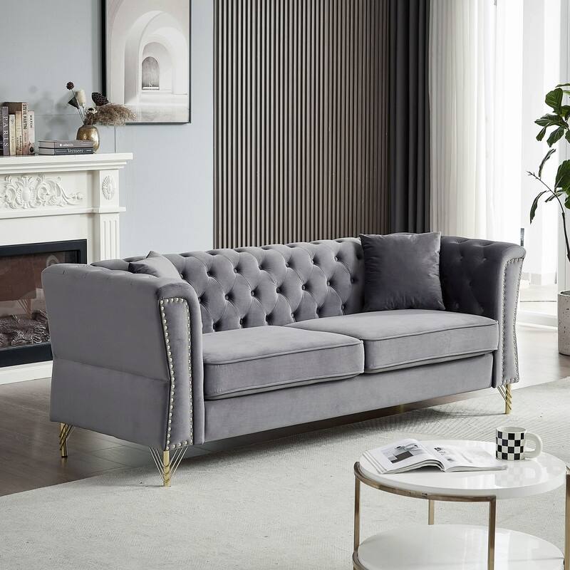 Modern Living Room Chesterfield Sofa,Tufted Couch with Metal Foot and Nailhead,Two Pillows